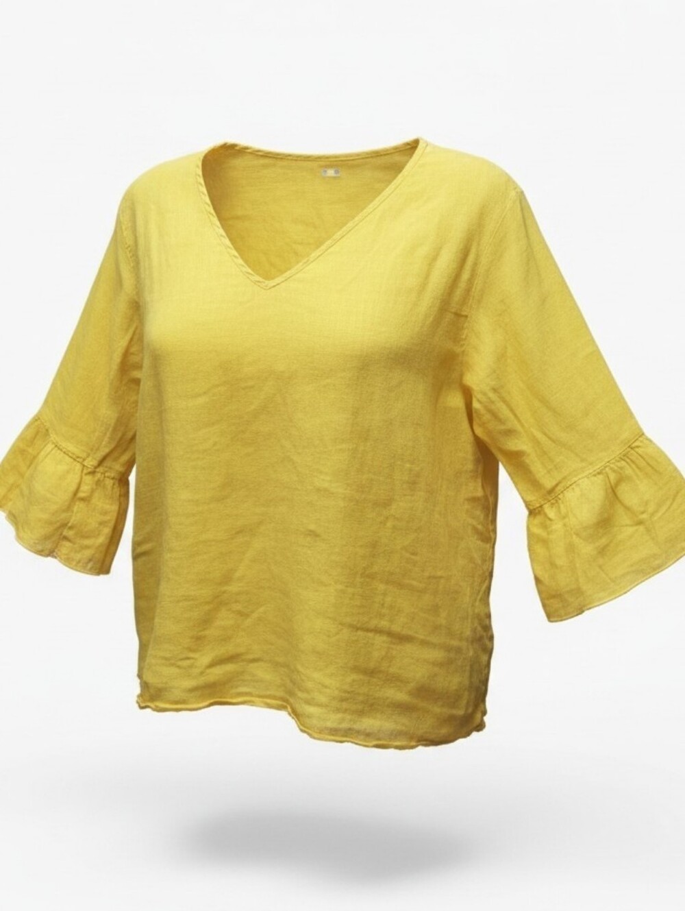 THREE DOTS | 100% Linen‎ Sunshine Yellow Ruffle Sleeve Boxy V-Neck Top | XL